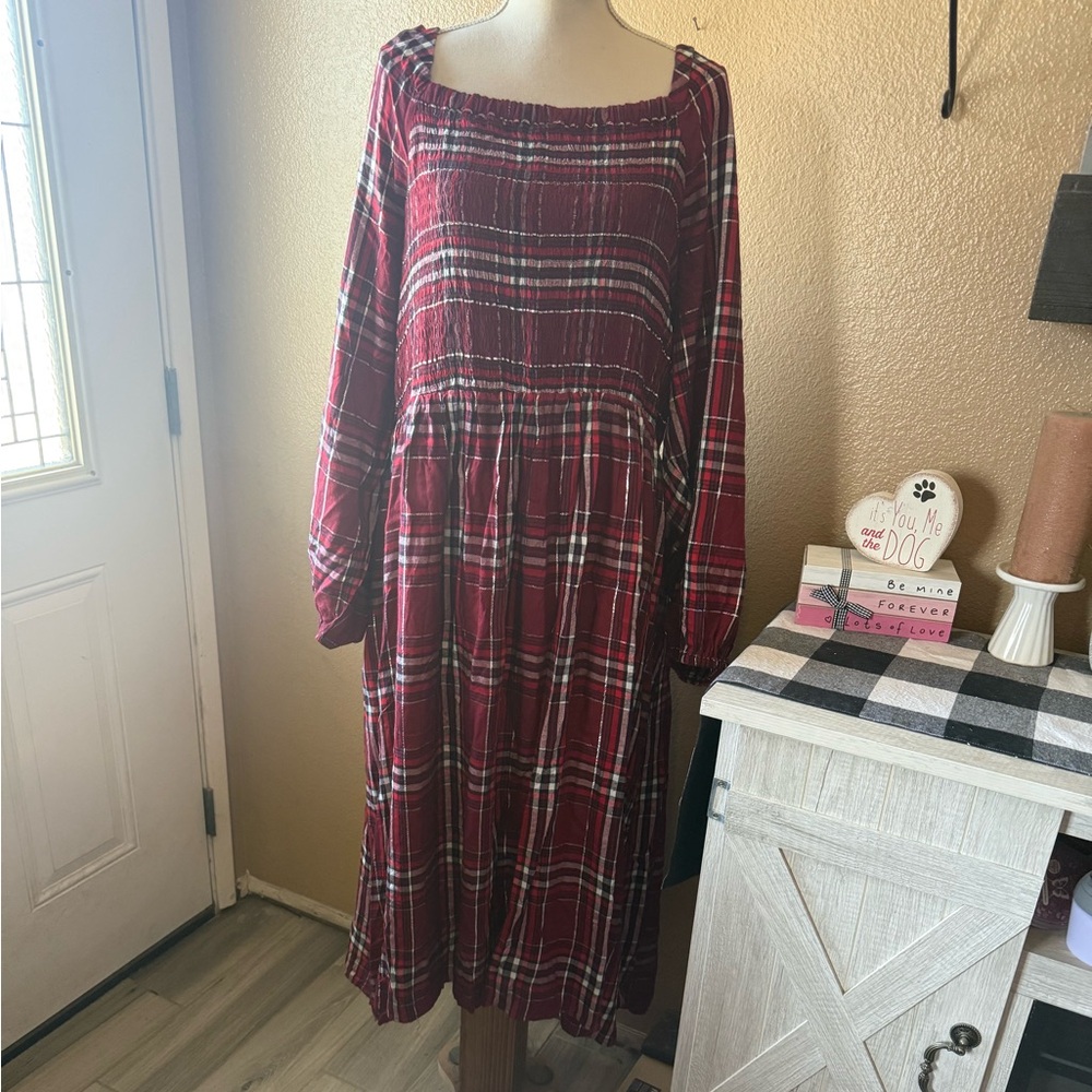 Woman’s Plus Red Plaid Longsleeve Maxi Dress Prairie Look Lane Bryant 26/28W